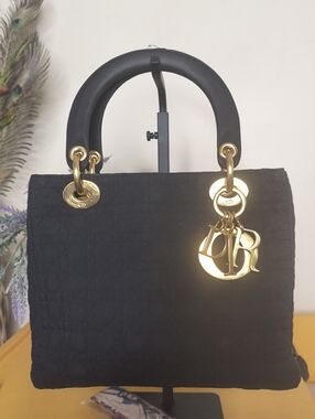 Vintage Christian Dior Lady Dior Black Cannage Tote Gold Charm Bag Medium Sized